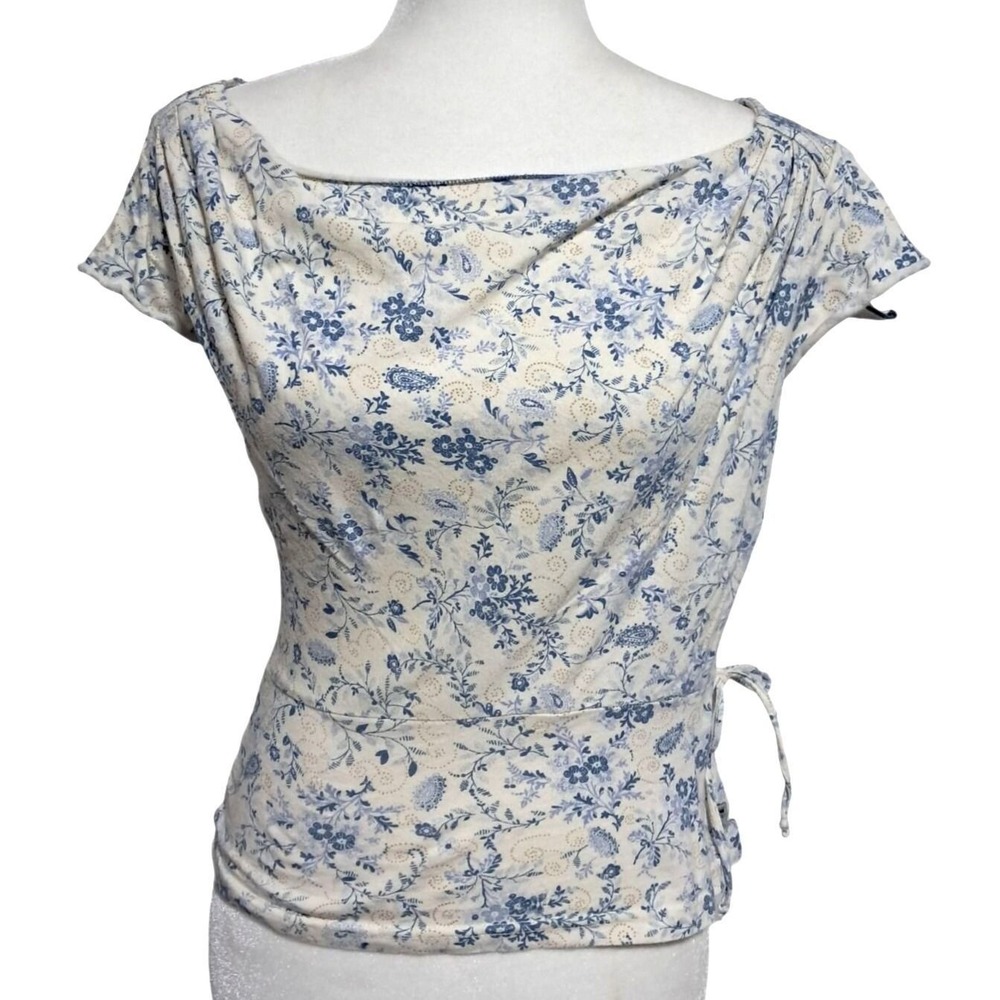 L.E.I. Floral Cap Sleeve Top Women Small Blue Cream Cowl Neck Side Tie Blouse